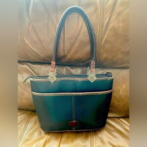 Vintage Brighton Purse Black Pebbled Leather Brown Embossed Croc Hearts Braided